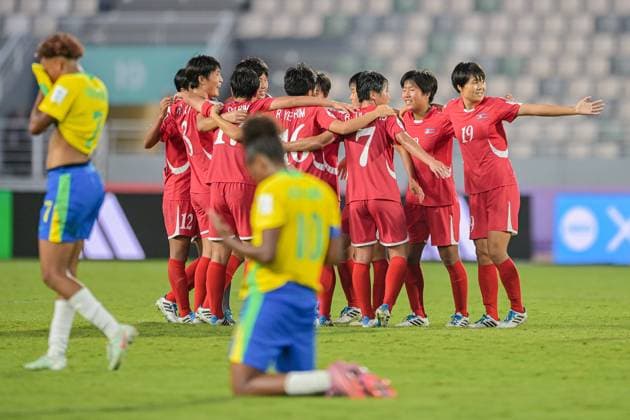 The Korea DPR celebrate reaching the finals during the FIFA U-17 Women s World Cup Morocco 2025 Semifinal match between Brazil and Korea DPR in Rabat, Morocco, on November 5, 2025, at the Olympic Stadium  Copyright: xAndreaxAmato IPAxSportx xipa-agency.netx xx IPA_67570356 IPA_Agency_IPA67570356