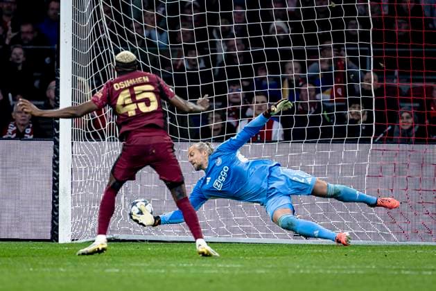 Galatasaray forward Victor Osimhen score the 0-2, AFC Ajax Amsterdam goalkeeper Remko Pasveer, during the match FOOTBALL - CHAMPIONS LEAGUE - AJAX vs GALATASARAY at the Johan Cruijff ArenA for the Champions League - League phase - Matchday 4 season 2025-2026 in AMSTERDAM, Netherlands on 5 November 2025, (photo by Stefan Koop EYE4images DeFodi Images) Galatasaray forward Victor Osimhen score the 0 2, AFC Ajax Amsterdam goalkeeper Remko Pasveer, during the match FOOTBALL CHAMPIONS LEAGUE AJAX vs GALATASARAY at the Johan Cruijff ArenA for the Champions League phase Matchday 4 season 2025 2026 in AMSTERDAM, Netherlands on 5 November 2025, photo by Stefan Koop EYE4images DeFodi Images