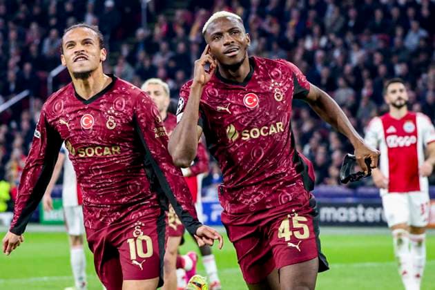 Victor Osimhen of Galatasaray celebrate their team s second goal with Leroy Sane of Galatasaray AFC Ajax v Galatasaray A.S., UEFA Champions League 2025 26 League Phase MD4, AFC Ajax v Galatasaray A.S., Johan Cruijff ArenA, November 5, 2025, Amsterdam, Netherlands.