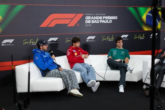 F1 - SAO PAULO GRAND PRIX 2025 press conference, PK, Pressekonferenz GASLY Pierre (fra), Alpine F1 Team A525, LECLERC Charles (mco), Scuderia Ferrari SF-25, STROLL Lance (can), Aston Martin F1 Team AMR25, portrait during the 2025 Formula 1 Grande Premio de Sao Paulo, 2025 Sao Paulo Grand Prix, 21th round of the 2025 FIA Formula One World Championship, WM, Weltmeisterschaft from November 7 to 9, 2025 on the Interlagos, in Sao Paulo, Brazil - Sao PauloBrazil Copyright: xANTONINxVINCENTx