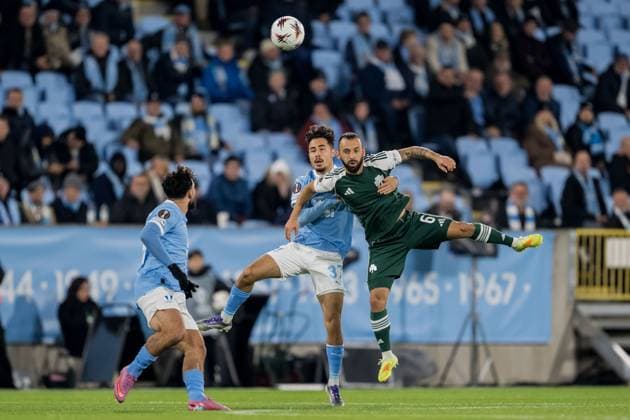 251106 Adrian Skogmar of Malmö FF and Manolis Siopis of Panathinaikos during the UEFA Europa League football match between Malmö FF and Panathinaikos on November 6, 2025 in Malmö. Photo: Petter Arvidson BILDBYRAN kod PA PA1108 fotboll football soccer fotball uefa europa league europa league malmö ff panathinaikos bbeng bbauto Copyright: PETTERxARVIDSON BB251106PA045