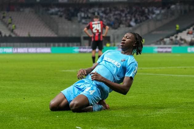 Johan Manzambi (SC Freiburg, 44) Torjubel, Emotionen, Torschuss, Abschluss, Torerfolg, Tor, Treffer , Frankreich, Fussball, UEFA Europa League, 4.Spieltag, Ligaphase, 2025 2026, OGC Nizza vs. SC Freiburg, 06.11.2025, Allianz Riviera, Nizza, Frankreich Nizza Allianz Riviera Provence-Alpes-CÃ te d Azur, CÃ Frankreich Copyright: xArnexAmbergx