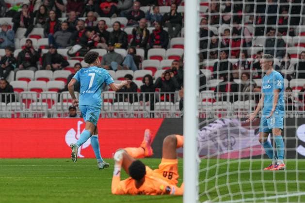 Derry Scherhant (SC Freiburg, 07) Torjubel, Emotionen, Torschuss, Abschluss, Torerfolg, Tor, Treffer , Frankreich, Fussball, UEFA Europa League, 4.Spieltag, Ligaphase, 2025 2026, OGC Nizza vs. SC Freiburg, 06.11.2025, Allianz Riviera, Nizza, Frankreich Nizza Allianz Riviera Provence-Alpes-CÃ te d Azur, CÃ Frankreich Copyright: xArnexAmbergx