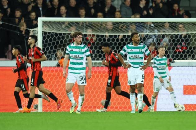 Anthony Ralston of Celtic and Auston Trusty of Celtic dejected after conceding 3rd goal Midtjylland vs Celtic, UEFA Europa League, Group Stage, Football, MCH Arena, Herning, Denmark - 06 Nov 2025Herning MCH Arena Denmark EDITORIAL USE ONLY No use with unauthorised audio, video, data, fixture lists, club league logos or live services. Online in-match use limited to 120 images, no video emulation. No use in betting, games or single club league player publications. Copyright: xMichaelxZemanek Shutterstockx 15642247ae