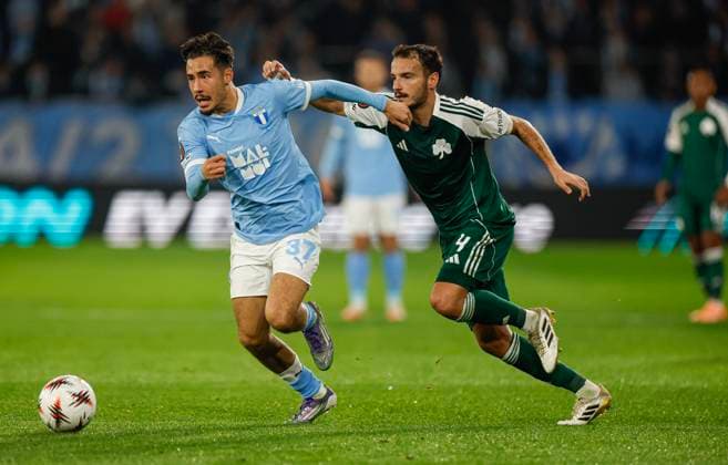 Malmö s Adrian Skogmar with the ball is chased by Panathinaikos Pedro Chirivella during Thursday s Europa League fourth round football match between Malmö FF and Panathinaikos at Eleda Stadion in Malmö, Sweden on November 06, 2025. MALMÖ SWEDEN x10600x