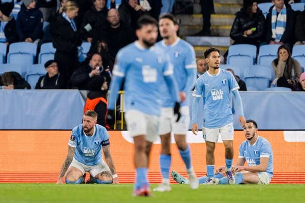 251106 Pontus Jansson, Adrian Skogmar, and Andrej Djuric of Malmö FF look dejected after 0-1 during the UEFA Europa League football match between Malmö FF and Panathinaikos on November 6, 2025 in Malmö. Photo: Petter Arvidson BILDBYRAN kod PA PA1108 fotboll football soccer fotball uefa europa league europa league malmö ff panathinaikos bbeng bbauto depp Copyright: PETTERxARVIDSON BB251106PA143