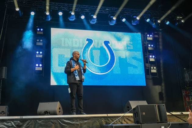 Denis Milanovic (Afcvbb) on stage, indianapolis Colts , Fan-Zone im Center am Potsdamer Platz,2025_11_06,Photo:Foot.Bowl Thomas Sobotzki Copyright: xFootxBowl ThomasxSobotzkix