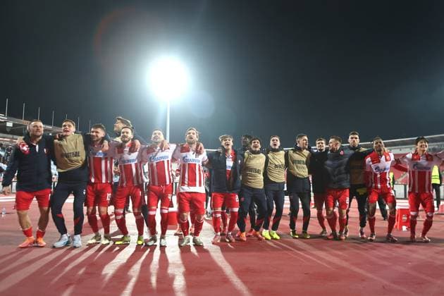 CRVENA ZVEZDA vs LILLE Football players of Crvena zvezda, celebrate after the UEFA Europa League match, against Lille, at Rajko Mitic Stadium. Belgrade, 06.11.2025. photo: Ivica Veselinov MN Press photo FOOTBALL, UEFA EUROPA LEAGUE, CRVENA ZVEZDA, LILLE Belgrade Stadium Rajko Mitic Serbia Copyright: xMNxPressx