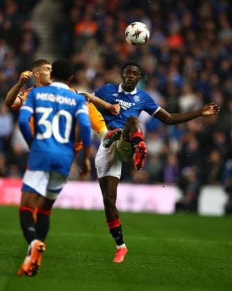 Artem Dovbyk of Roma battles for the ball with Nasser Djiga of Rangers during the Europa League league phase match at Ibrox Stadium, Glasgow. Rangers v Roma - UEFA Europa League - League Phase - Ibrox Stadium, Glasgow, Lanarkshire, Scotland, UK - 06 Nov 2025Glasgow Ibrox Lanarkshire United Kingdom  Copyright: xO Rourke RangersxFC Shutterstockx 15702164o