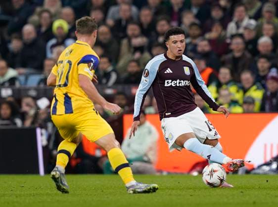 Birmingham, England, 6th November 2025. Jadon Sancho of Aston Villa faces m30 during the Aston Villa vs Maccabi Tel-Aviv FC UEFA Europa League match at Villa Park, Birmingham. Picture credit should read: Andrew Yates Sportimage EDITORIAL USE ONLY. No use with unauthorised audio, video, data, fixture lists, club league logos or live services. Online in-match use limited to 120 images, no video emulation. No use in betting, games or single club league player publications. SPI_042_AY_Villa_Macabbi SPI-4269-0042
