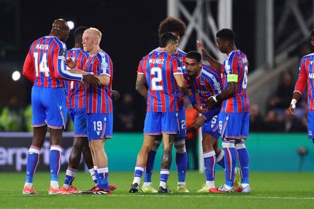 London, England, 6th November 2025. Maxence Lacroix (2nd R) of Crystal Palace celebrates after scoring the opening goal during the Crystal Palace vs AZ Alkmaar UEFA Conference League match at Selhurst Park, London. Picture credit should read: Paul Terry Sportimage EDITORIAL USE ONLY. No use with unauthorised audio, video, data, fixture lists, club league logos or live services. Online in-match use limited to 120 images, no video emulation. No use in betting, games or single club league player publications. SPI_013_PT_Crystal_Palace_AZ_Alkmaar SPI-4270-0013