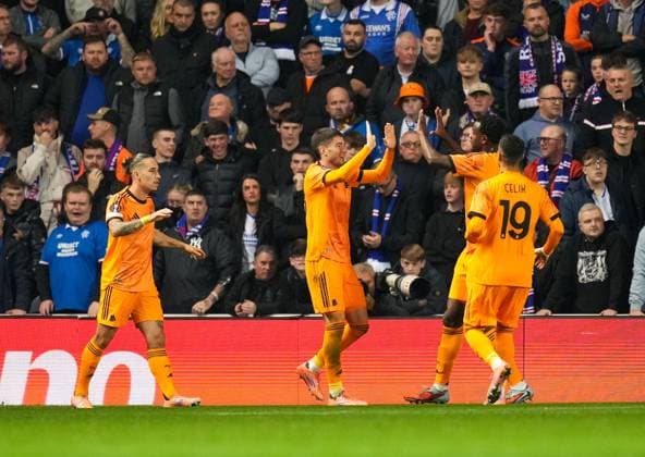 Matias Soule of AS Roma celebrates scoring to give Roma a 0-1 lead. Rangers v Roma, UEFA Europa League, Group Stage, Football, Ibrox Stadium, Glasgow, Scotland, UK - 06 Nov 2025Glasgow Ibrox Scotland United Kingdom EDITORIAL USE ONLY No use with unauthorised audio, video, data, fixture lists, club league logos or live services. Online in-match use limited to 120 images, no video emulation. No use in betting, games or single club league player publications. Copyright: xStuartxWallace Shutterstockx 15642261k