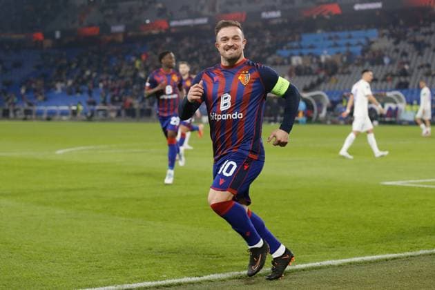 FC Basel - FCS Bukarest Torjubel Xherdan Shaqiri (FC Basel) 06.11.2025 Stadion St.Jakob Park Basel, SCHWEIZ, Saison 2025 2026 Herren Fussball Europa League FC Basel - FCS Bukarest Torjubel Xherdan Shaqiri (FC Basel)