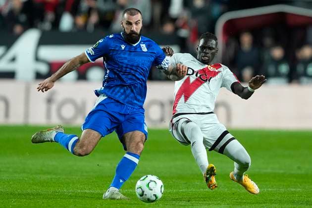Rayo Vallecano s Pathe Ciss (r) and KKS Lech Poznan s Mikael Ishak during UEFA Europa Conference League 2025 2026 match 3. November 6,2025. (202511061060)