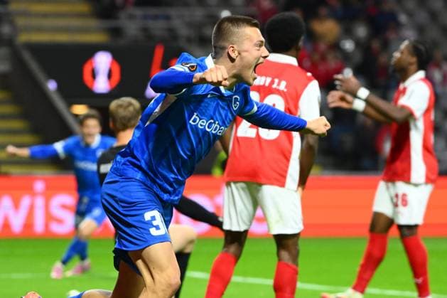 SC Braga v KRC Genk - UEFA Europa League BRAGA, PORTUGAL - NOVEMBER 06 : Heymans Daan midfielder of KRC Genk celebrating scoring a goal from Sor Yira midfielder of KRC Genk during the UEFA Europa League 2025 26 League Phase MD4 match between SC Braga and KRC Genk on November 6, 2025 in Braga, Portugal, 06 11 2025 Braga Portugal  Copyright: xVincentxKalutx