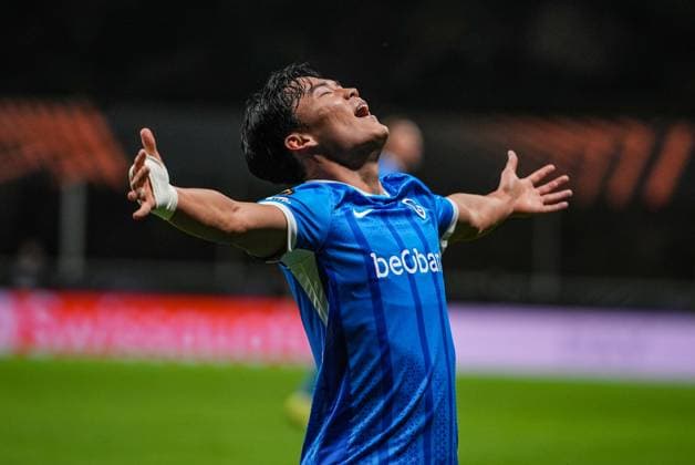 Genk s Hyeon-Gyu Oh celebrates after scoring during a soccer game between Portuguese soccer team SC Braga and Belgian club KRC Genk, on Thursday 06 November 2025, in Braga, fourth game (out of 8) in the league phase of the UEFA Europa League competition. JOMAxGISBERT  x139696764x