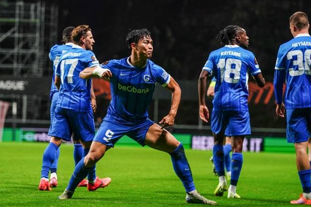 Genk s Hyeon-Gyu Oh celebrates after scoring during a soccer game between Portuguese soccer team SC Braga and Belgian club KRC Genk, on Thursday 06 November 2025, in Braga, fourth game (out of 8) in the league phase of the UEFA Europa League competition. JOMAxGISBERT  x139697363x