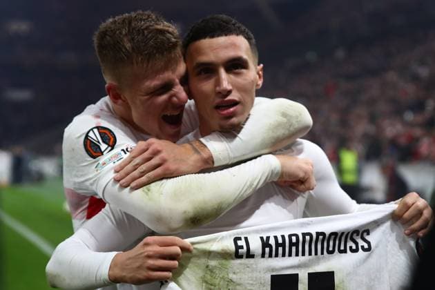 06.11.2025, xmohx, Fussball UEFA Europa League, VfB Stuttgart - Feyernoord Rotterdam v.l. Torjubel nach dem Tor zum celebrating the goal celebrate 1:0 durch Bilal El Khannouss (VfB Stuttgart) (DFL DFB REGULATIONS PROHIBIT ANY USE OF PHOTOGRAPHS as IMAGE SEQUENCES and or QUASI-VIDEO) Stuttgart