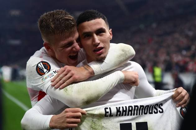 06.11.2025, xmohx, Fussball UEFA Europa League, VfB Stuttgart - Feyernoord Rotterdam v.l. Torjubel nach dem Tor zum celebrating the goal celebrate 1:0 durch Bilal El Khannouss (VfB Stuttgart) (DFL DFB REGULATIONS PROHIBIT ANY USE OF PHOTOGRAPHS as IMAGE SEQUENCES and or QUASI-VIDEO) Stuttgart