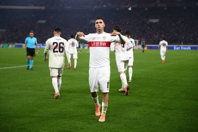 06.11.2025, xmohx, Fussball UEFA Europa League, VfB Stuttgart - Feyernoord Rotterdam v.l. Torjubel nach dem Tor zum celebrating the goal celebrate 1:0 durch Bilal El Khannouss (VfB Stuttgart) (DFL DFB REGULATIONS PROHIBIT ANY USE OF PHOTOGRAPHS as IMAGE SEQUENCES and or QUASI-VIDEO) Stuttgart