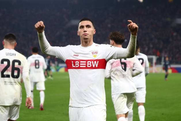 06.11.2025, xmohx, Fussball UEFA Europa League, VfB Stuttgart - Feyernoord Rotterdam v.l. Torjubel nach dem Tor zum celebrating the goal celebrate 1:0 durch Bilal El Khannouss (VfB Stuttgart) (DFL DFB REGULATIONS PROHIBIT ANY USE OF PHOTOGRAPHS as IMAGE SEQUENCES and or QUASI-VIDEO) Stuttgart