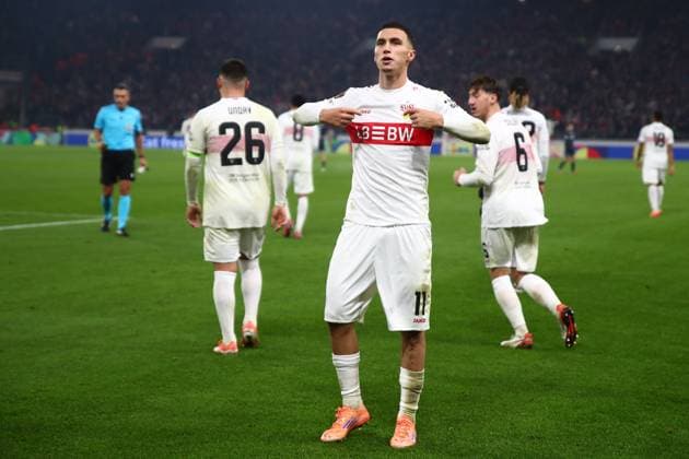 06.11.2025, xmohx, Fussball UEFA Europa League, VfB Stuttgart - Feyernoord Rotterdam v.l. Torjubel nach dem Tor zum celebrating the goal celebrate 1:0 durch Bilal El Khannouss (VfB Stuttgart) (DFL DFB REGULATIONS PROHIBIT ANY USE OF PHOTOGRAPHS as IMAGE SEQUENCES and or QUASI-VIDEO) Stuttgart