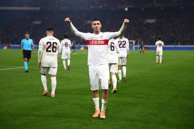 06.11.2025, xmohx, Fussball UEFA Europa League, VfB Stuttgart - Feyernoord Rotterdam v.l. Torjubel nach dem Tor zum celebrating the goal celebrate 1:0 durch Bilal El Khannouss (VfB Stuttgart) (DFL DFB REGULATIONS PROHIBIT ANY USE OF PHOTOGRAPHS as IMAGE SEQUENCES and or QUASI-VIDEO) Stuttgart