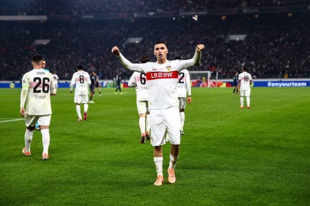 06.11.2025, xmohx, Fussball UEFA Europa League, VfB Stuttgart - Feyernoord Rotterdam v.l. Torjubel nach dem Tor zum celebrating the goal celebrate 1:0 durch Bilal El Khannouss (VfB Stuttgart) (DFL DFB REGULATIONS PROHIBIT ANY USE OF PHOTOGRAPHS as IMAGE SEQUENCES and or QUASI-VIDEO) Stuttgart