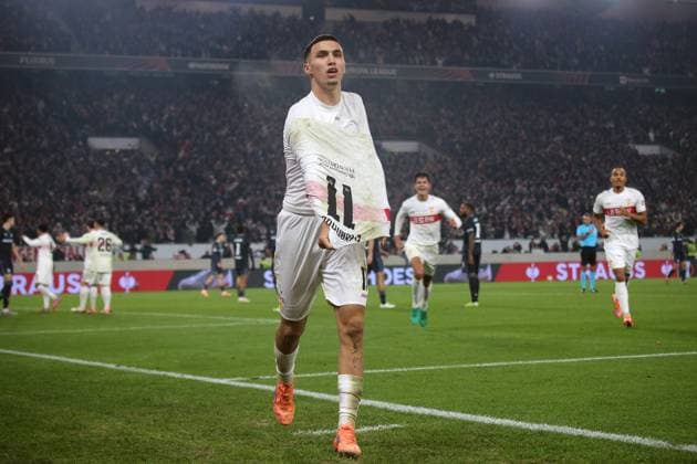 06.11.2025, xmohx, Fussball UEFA Europa League, VfB Stuttgart - Feyernoord Rotterdam v.l. Torjubel nach dem Tor zum celebrating the goal celebrate 1:0 durch Bilal El Khannouss (VfB Stuttgart) (DFL DFB REGULATIONS PROHIBIT ANY USE OF PHOTOGRAPHS as IMAGE SEQUENCES and or QUASI-VIDEO) Stuttgart