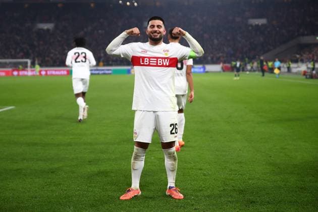 06.11.2025, xmohx, Fussball UEFA Europa League, VfB Stuttgart - Feyernoord Rotterdam v.l. Torjubel nach dem Tor zum celebrating the goal celebrate 2:0 durch Deniz Undav (VfB Stuttgart) (DFL DFB REGULATIONS PROHIBIT ANY USE OF PHOTOGRAPHS as IMAGE SEQUENCES and or QUASI-VIDEO) Stuttgart