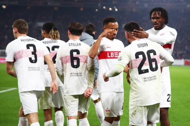 06.11.2025, xmohx, Fussball UEFA Europa League, VfB Stuttgart - Feyernoord Rotterdam v.l. Torjubel nach dem Tor zum celebrating the goal celebrate 2:0 durch Deniz Undav (VfB Stuttgart) (DFL DFB REGULATIONS PROHIBIT ANY USE OF PHOTOGRAPHS as IMAGE SEQUENCES and or QUASI-VIDEO) Stuttgart