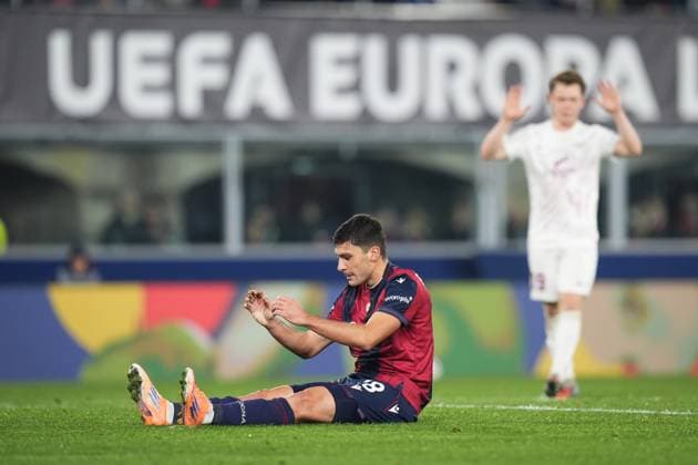 Bologna s Nicolo Cambiaghi reacts after missing a scoring chance during the UEFA Europa League soccer match between Bologna and Brann at the Renato DallÕAra Stadium in Bologna, north Italy - Thursday, November 6, 2025 -  Copyright: xMassimoxPaolone LaPressex