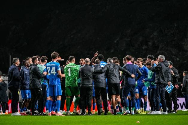 Genk s players celebrate after winning a soccer game between Portuguese soccer team SC Braga and Belgian club KRC Genk, on Thursday 06 November 2025, in Braga, fourth game (out of 8) in the league phase of the UEFA Europa League competition. JOMAxGISBERT  x139704895x