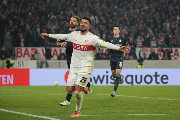 06.11.2025, xmohx, Fussball UEFA Europa League, VfB Stuttgart - Feyernoord Rotterdam v.l. Torjubel nach dem Tor zum celebrating the goal celebrate 2:0 durch Deniz Undav (VfB Stuttgart) (DFL DFB REGULATIONS PROHIBIT ANY USE OF PHOTOGRAPHS as IMAGE SEQUENCES and or QUASI-VIDEO) Stuttgart