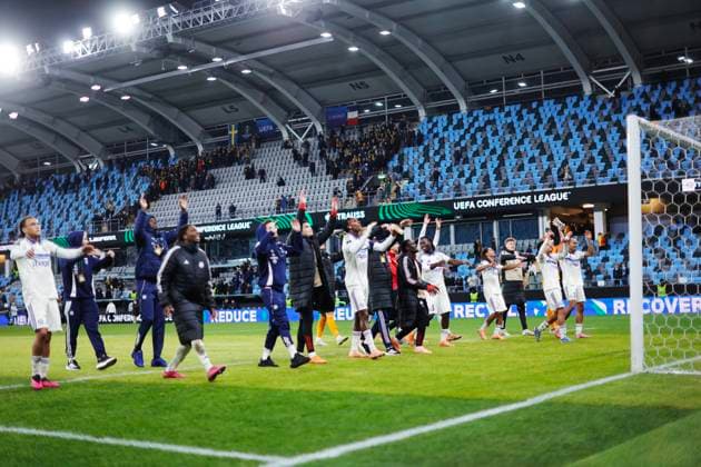 Strasbourg celebrates the win during Thursday s Conference League football match, third round, between BK Häcken and RC Strasbourg Alsace at Gamla Ullevi in Gothenburg, Sweden on november 06, 2025. GÖTEBORG SWEDEN x9200x