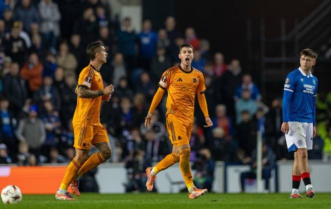 6th November 2025; Ibrox Stadium, Glasgow, Scotland; UEFA Europa League Football, Rangers versus Roma; Matias Soule of AS Roma celebrates after he scored in the 18th minute to make it 1-0 to Roma  VagelisxGeorgariou