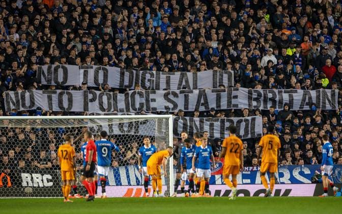 6th November 2025; Ibrox Stadium, Glasgow, Scotland; UEFA Europa League Football, Rangers versus Roma; Rangers fans message banner "No to digital ID, no to police state Britain, Stop Control"  VagelisxGeorgariou