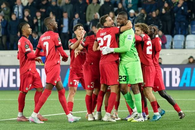 Evangelos Andreou (20 Omonoia) Willy Semedo (7 Omonoia) Stefan Simic (27 Omonoia) Francis Uzoho (23 Omonoia) celebrate during the UEFA Conference League match between Lausanne and Omonoia at Stade de la Tuiliere in Lausanne, Switzerland Copyright: xGiuseppexVelletrix xSPPx Sportspressphoto_SPR57838