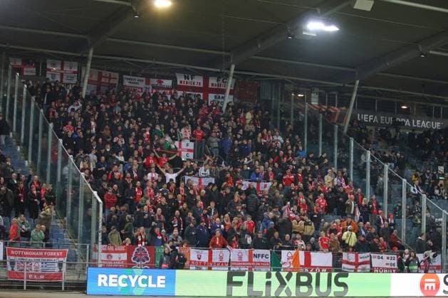 UEFA Europa League 2025 – SK Sturm Graz vs Nottingham Forest UEFA Europa League 2025 group stage match between SK Sturm Graz and Nottingham Forest, capturing high-intensity football action, team spirit, and stadium atmosphere at Merkur Arena in Graz, Austria. The image shows fans from Nottingham. Copyright: xBEAUTIFULxSPORTS Rainerx