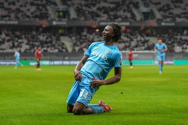 Johan Manzambi (SC Freiburg, 44) Torjubel, Emotionen, Torschuss, Abschluss, Torerfolg, Tor, Treffer , Frankreich, Fussball, UEFA Europa League, 4.Spieltag, Ligaphase, 2025 2026, OGC Nizza vs. SC Freiburg, 06.11.2025, Allianz Riviera, Nizza, Frankreich Nizza Allianz Riviera Provence-Alpes-CÃ te d Azur, CÃ Frankreich Copyright: xArnexAmbergx