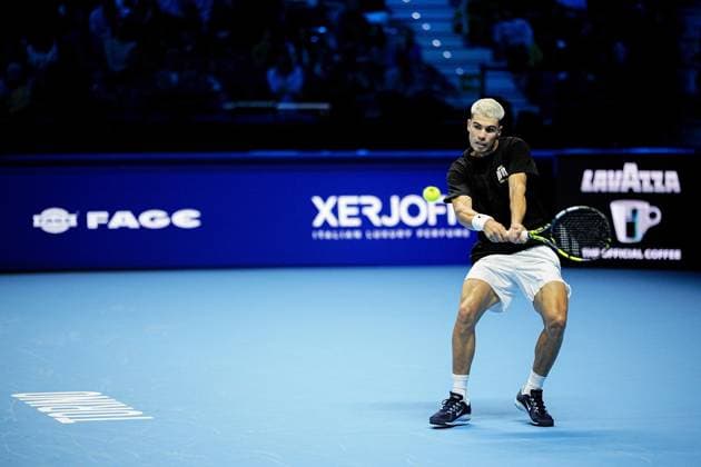 Carlos Alcaraz (Spain) during practice on the central field of the Inalpi Arena Turin, Italy, where the ATP, Tennis Herren Finals will begin on Sunday, Nov. 9 - - Friday, November 7, 2024.  Copyright: xMarcoxAlpozzi LaPressex