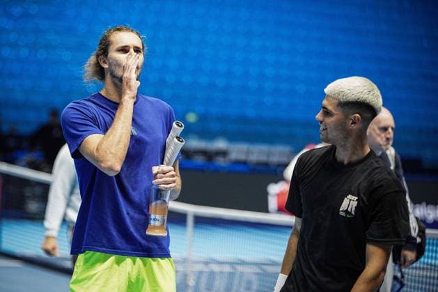 Alexander Zverev (Germany) and Carlos Alcaraz (Spain) after practice on the central court of the Inalpi Arena Turin, Italy, where the ATP, Tennis Herren Finals will begin on Sunday, Nov. 9 - - Friday, November 7, 2024.  Copyright: xMarcoxAlpozzi LaPressex