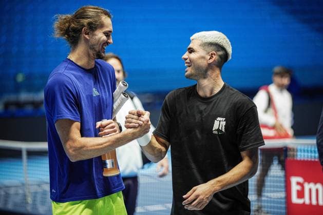 Alexander Zverev (Germany) and Carlos Alcaraz (Spain) after practice on the central court of the Inalpi Arena Turin, Italy, where the ATP, Tennis Herren Finals will begin on Sunday, Nov. 9 - - Friday, November 7, 2024.  Copyright: xMarcoxAlpozzi LaPressex