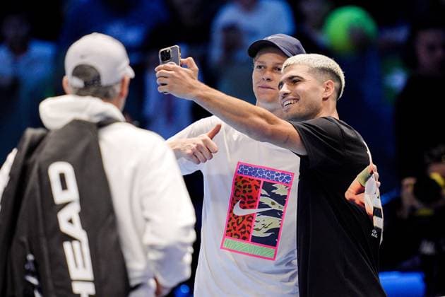 Jannik Sinner (Italy) and Carlos Alcaraz (Spain) take a selfie after practice on the central court of the Inalpi Arena Turin, Italy, where the ATP, Tennis Herren Finals will begin on Sunday, Nov. 9 - - Friday, November 7, 2024.  Copyright: xMarcoxAlpozzi LaPressex