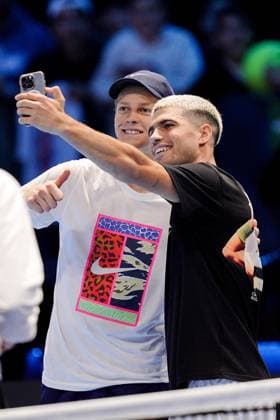 Jannik Sinner (Italy) and Carlos Alcaraz (Spain) take a selfie after practice on the central court of the Inalpi Arena Turin, Italy, where the ATP, Tennis Herren Finals will begin on Sunday, Nov. 9 - - Friday, November 7, 2024.  Copyright: xMarcoxAlpozzi LaPressex