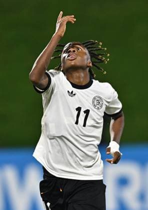 Germany v Korea DPR : Group G - FIFA U-17 World Cup Qatar 2025 Wisdom Mike of Germany celebrates after scoring a goal during the FIFA U-17 World Cup Qatar 2025 Group G match between Germany and Korea DPR in Doha, Qatar, on November 7, 2025. DOHA Qatar Copyright: xNOUSHADx