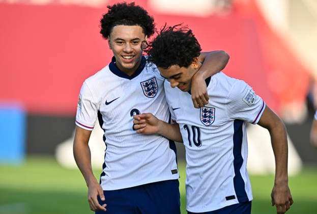 England v Haiti : Group E - FIFA U-17 World Cup Qatar 2025 Luca Williams-Barnett (R) of England celebrates after scoring a goal during the FIFA U-17 World Cup Qatar 2025 Group E match between England and Haiti in Doha, Qatar, on November 7, 2025. DOHA Qatar Copyright: xNOUSHADx