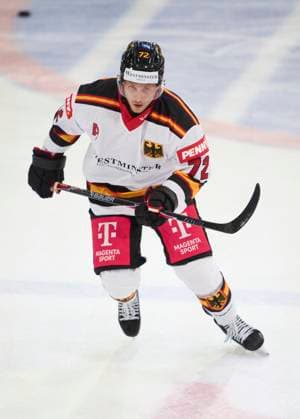 Dominik Kahun of Germany at the match GERMANY - LATVIA 4-1 DEB Ice hockey, Eishockey DEUTSCHLAND CUP in Landshut, Germany, November 6, 2025, Season 2025 2026.