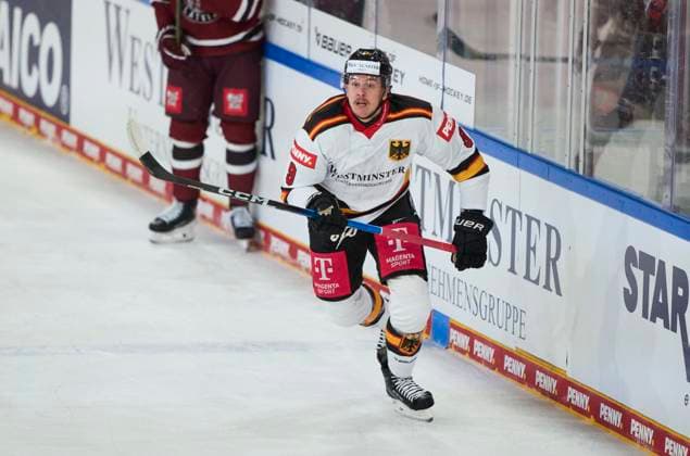 Leon Gawanke of Germany at the match GERMANY - LATVIA 4-1 DEB Ice hockey, Eishockey DEUTSCHLAND CUP in Landshut, Germany, November 6, 2025, Season 2025 2026.