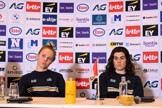 2025 UEC Cyclo-Cross EC - Media Activities MIDDELKERKE, BELGIUM - NOVEMBER 07 : Verdonschot Laura (BEL) and Norbert Riberolle Marion (BEL) talking to the press during a press conference, PK, Pressekonferenz prior to the 2025 UEC Cyclo-Cross European Championships on November 07, 2025 in Middelkerke, Belgium, 07 11 2025 Middelkerke Belgium  Copyright: xNicoxVereeckenx
